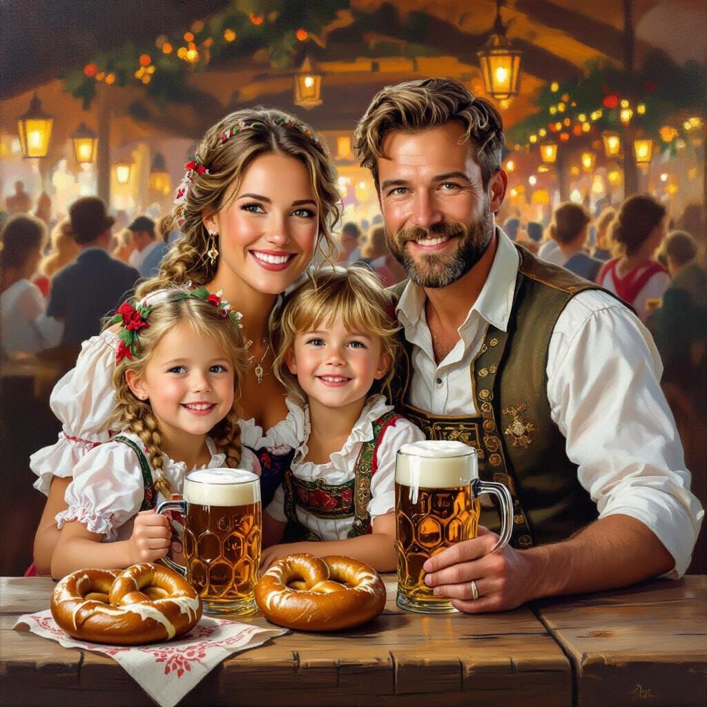 Bavarian Family at Oktoberfest in Realistic Oil Painting Sty...