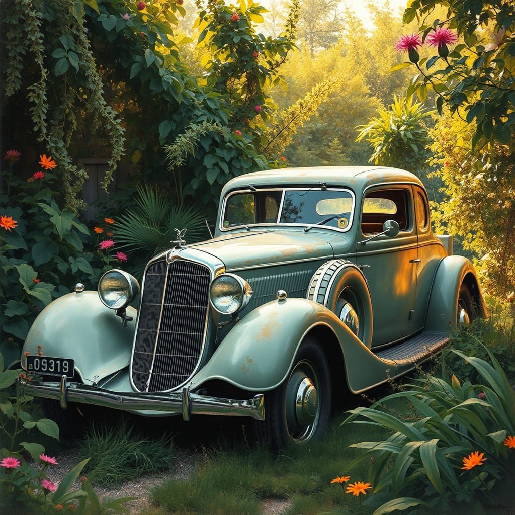 Vintage Car Reclaims the Garden in Impressionist Style