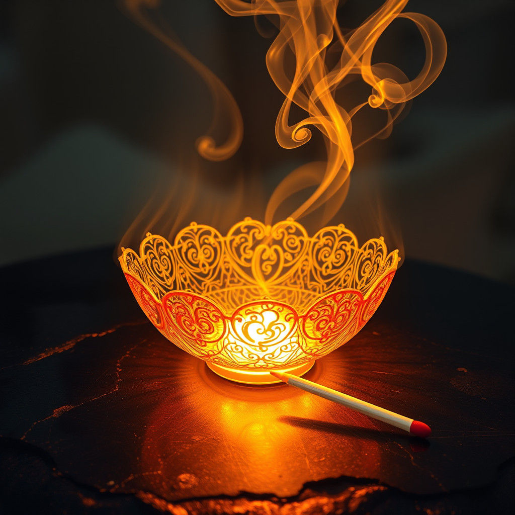 Luminous Filigree Ashtray with Glowing Matchstick