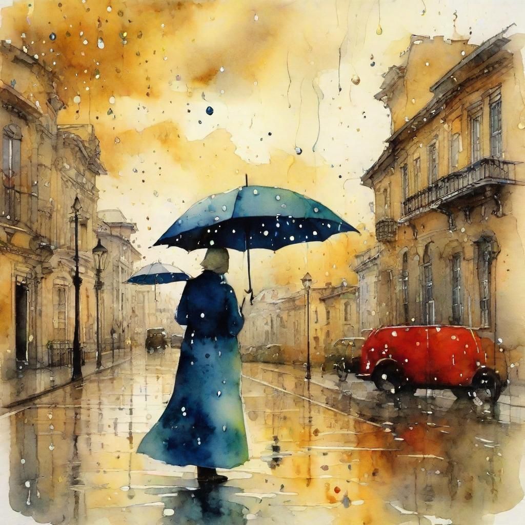 Stormy Rainy Day Watercolor with Golden Speckles