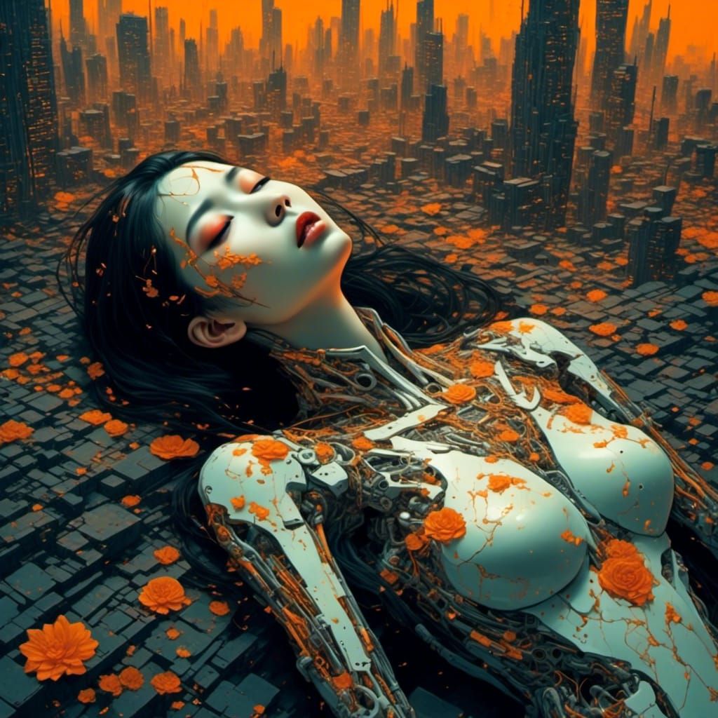 Broken Android in Dystopian Cityscape