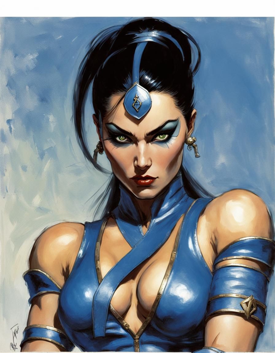 Kitana in Blue Leather, Frank Frazetta Style