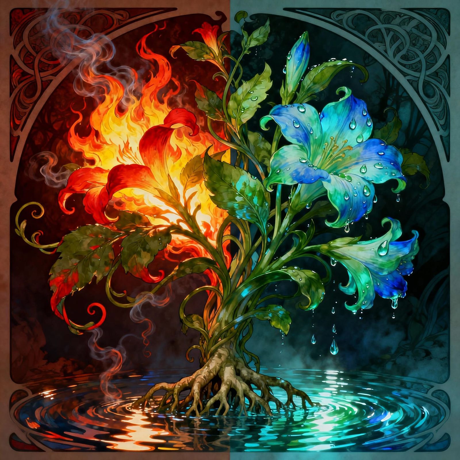 Fire and Water Plants Intertwined in Art Nouveau Style