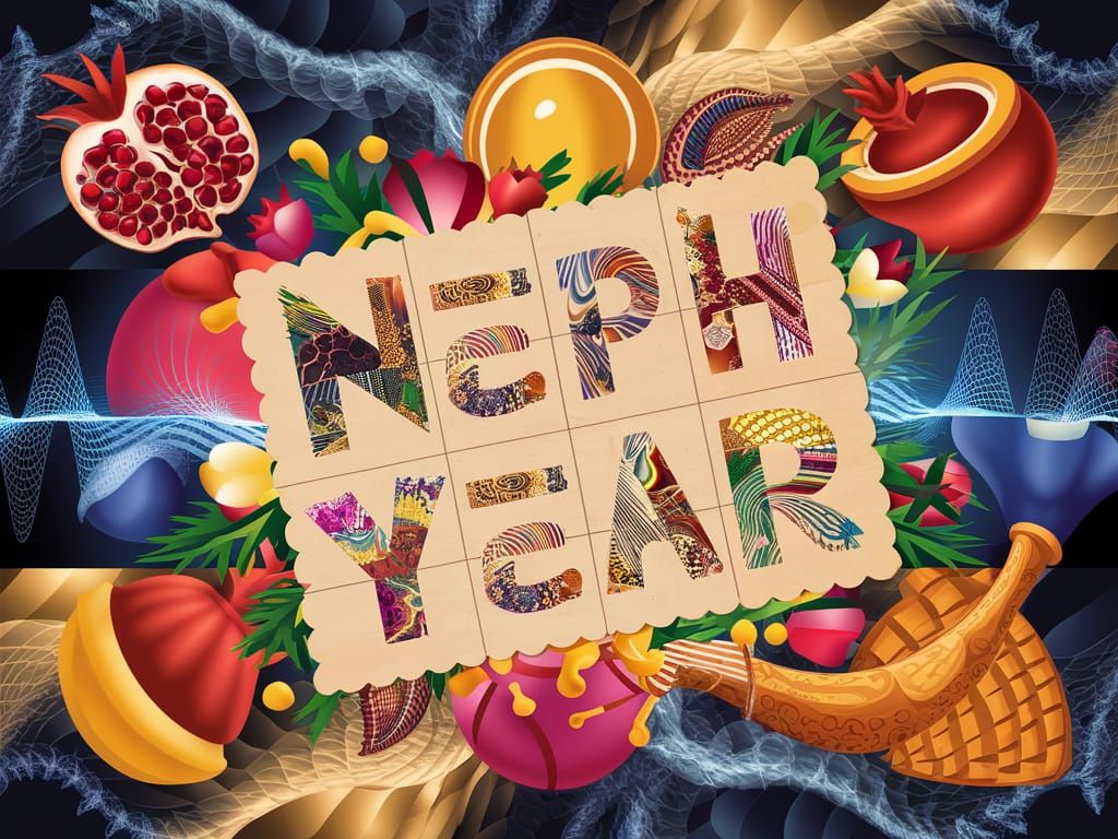 Festive New Year Card with Rosh Hashanah Symbols