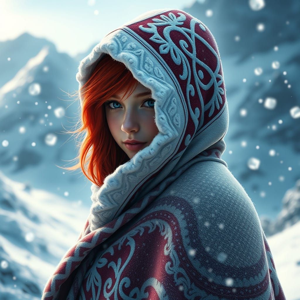 Vibrant Redhead Girl in Whimsical Snowy Landscape