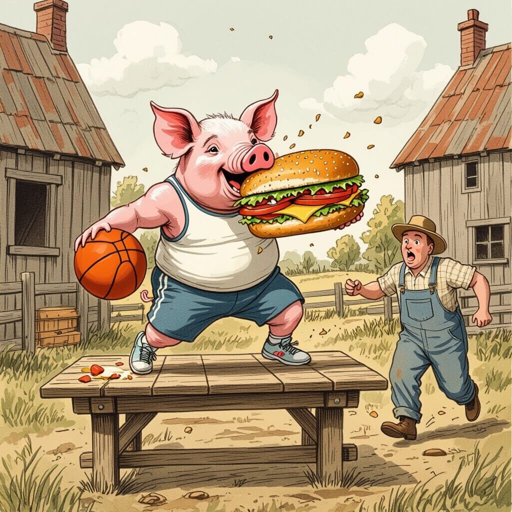 Pig Plays Basketball While Eating, Chased by Farmer