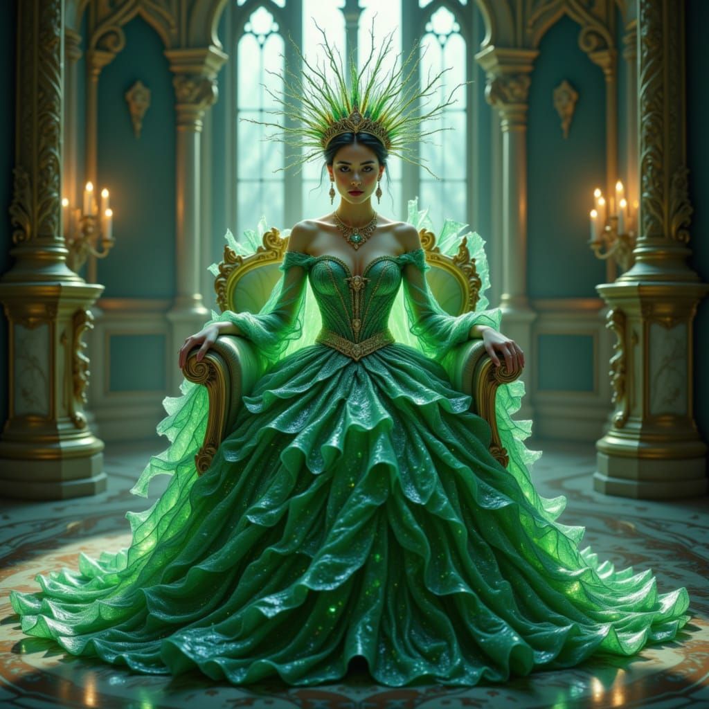 Regal Queen in Emerald Stained Glass Gown