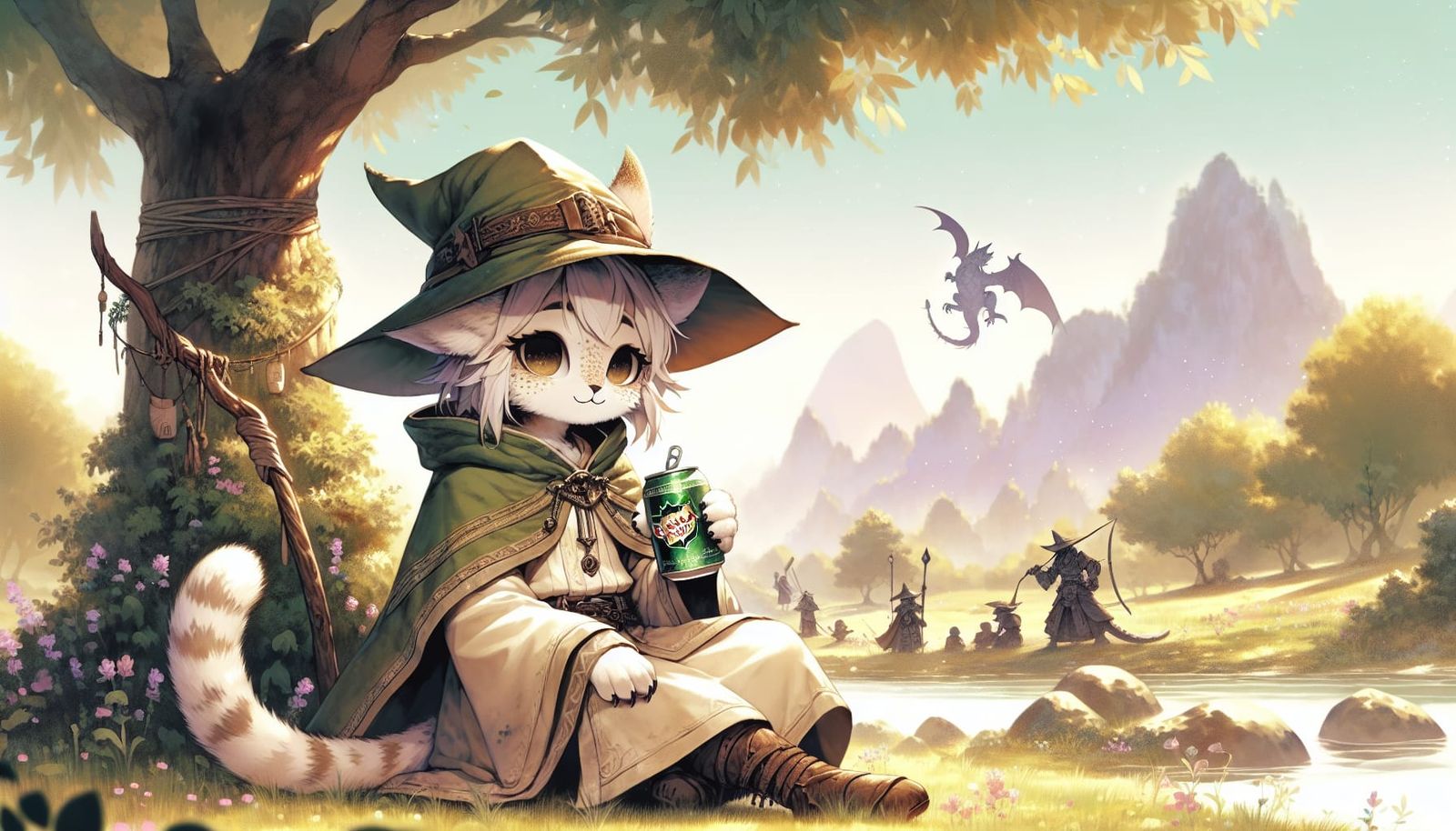Lynx Priestess Sipping Ginger Ale in Anime Style