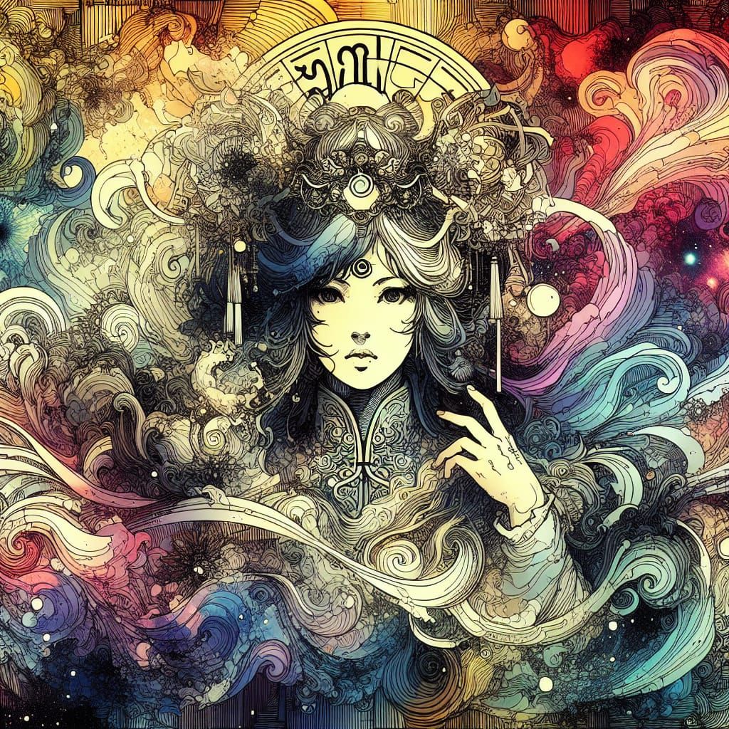 Steampunk Anime Chinese Zodiac Woman in Botticelli Style