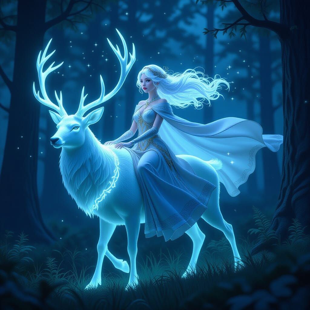 Mystical Woman on Bioluminescent Stag: 3D Anime Art