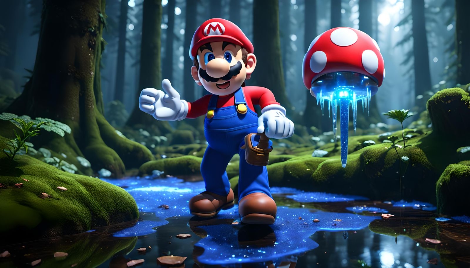 Mario holding blue ghost zapper  at skelator  with dew look that has alkali seltzer and glitter  inside,  moss floor in ...