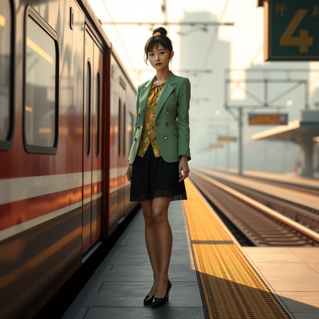 Elegant Young Woman at Train Station in Morning Light