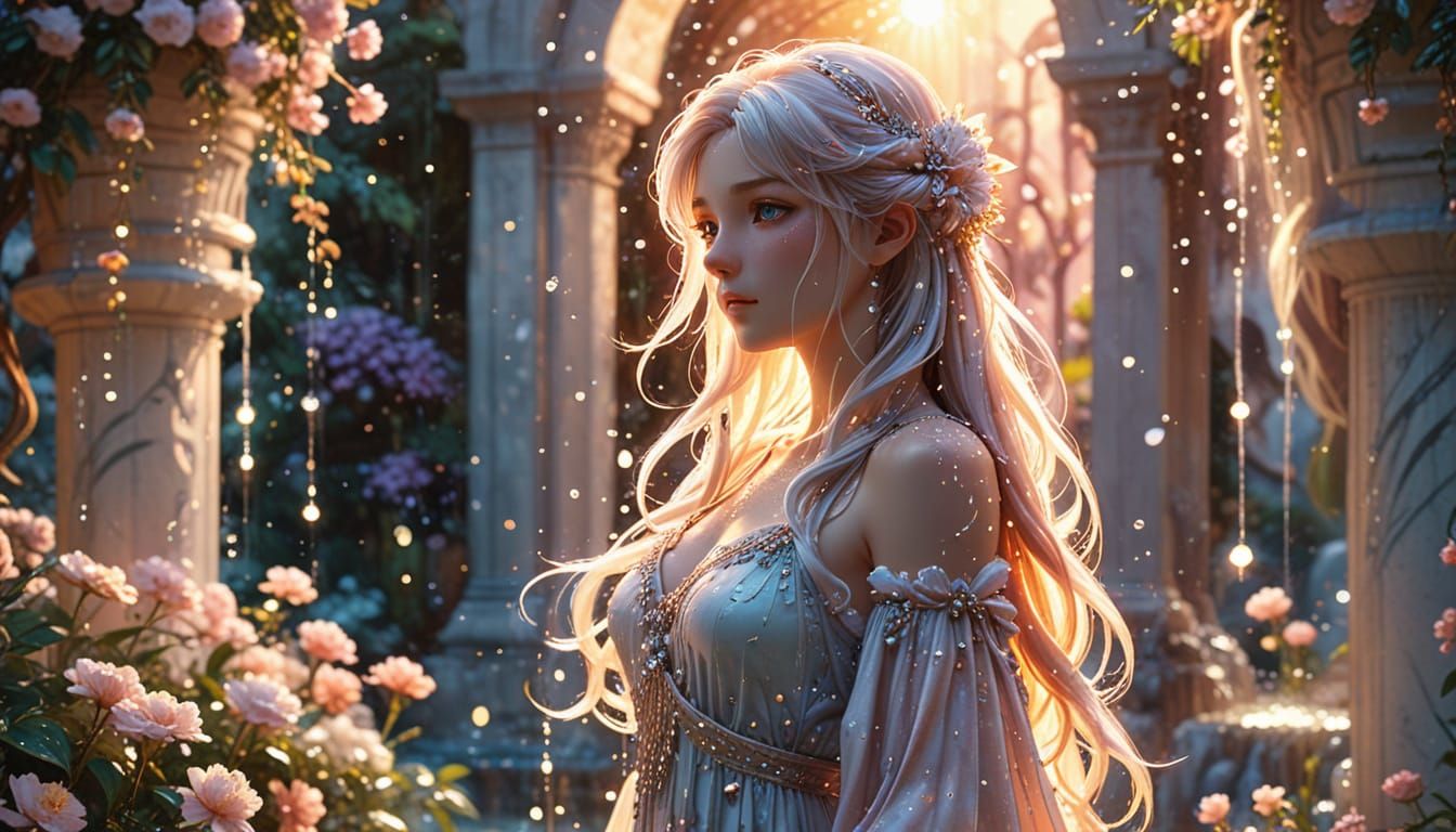 Anime Girl by Glowing Fountain in Watercolor Style