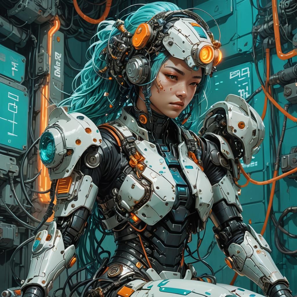 Cyberpunk Cyborg with Neon Lights and Metallic Armor