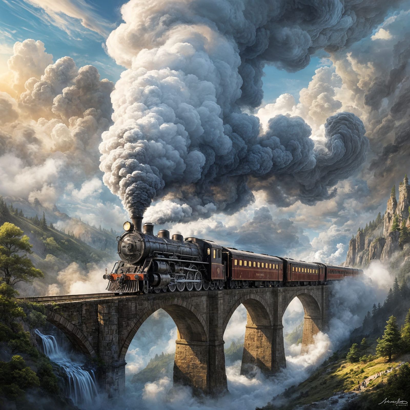 Fantasy Steam Train Merging With Clouds on Stone Viaduct