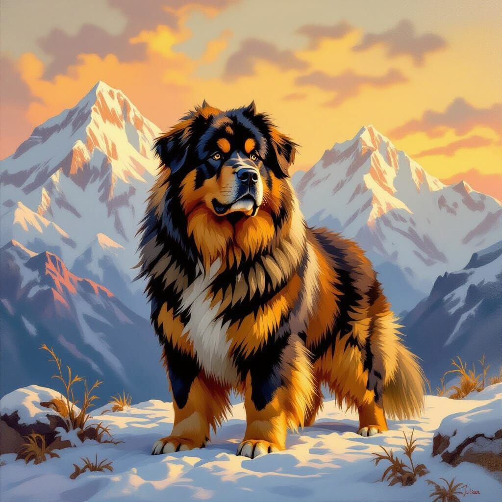 Massive Tibetan Mastiff Guarding Himalayas at Dawn