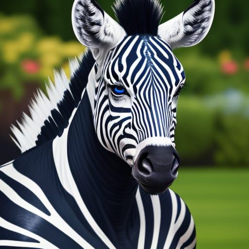 Anthropomorphic Zebra-Man with Blue Eyes in Garden