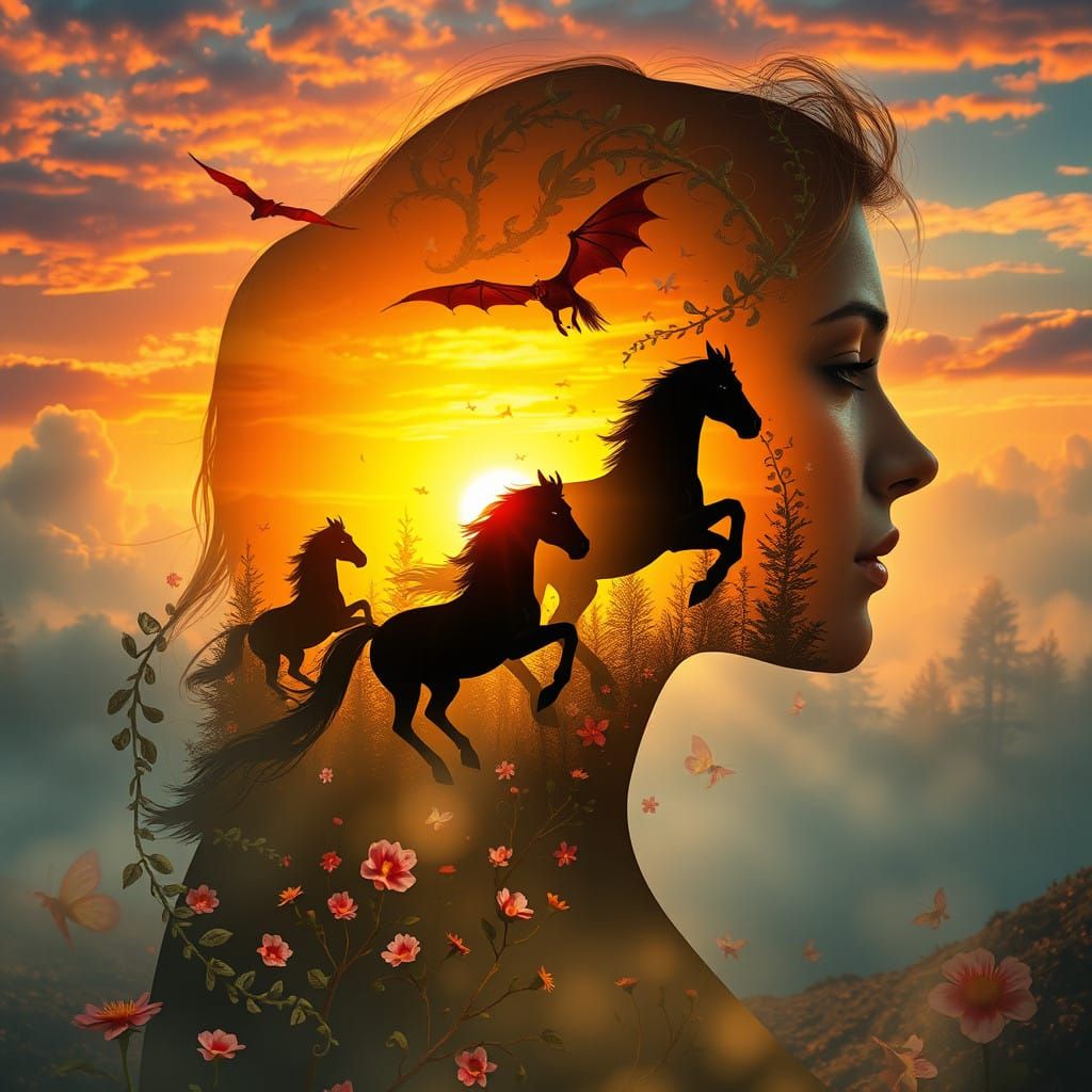 Woman Outline with Fantasy Scene: Unicorns, Fairies, Dragon