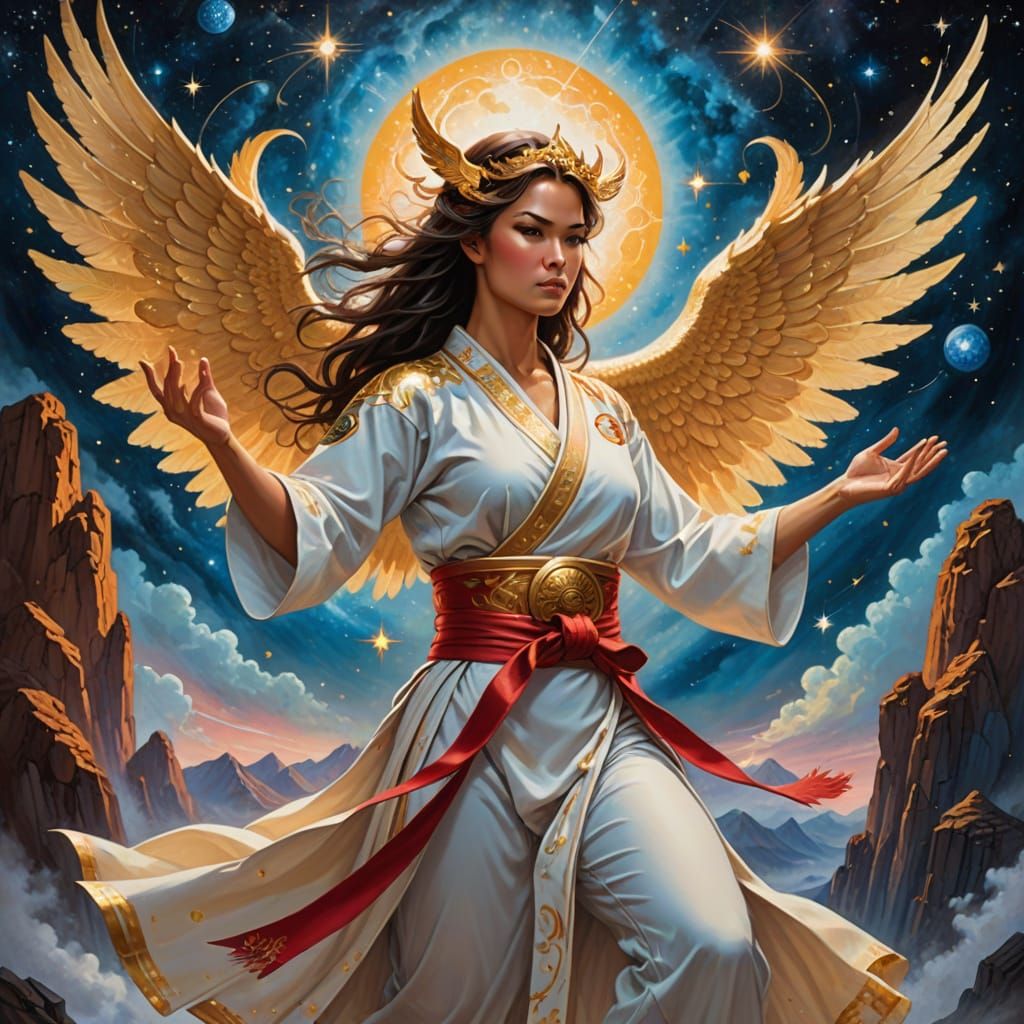 Celestial Valkyrie Practicing Karate as Oil Painting