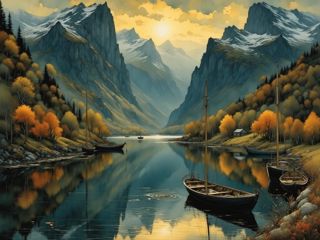 Norwegian Fjord Evening Landscape with Fishing Boats