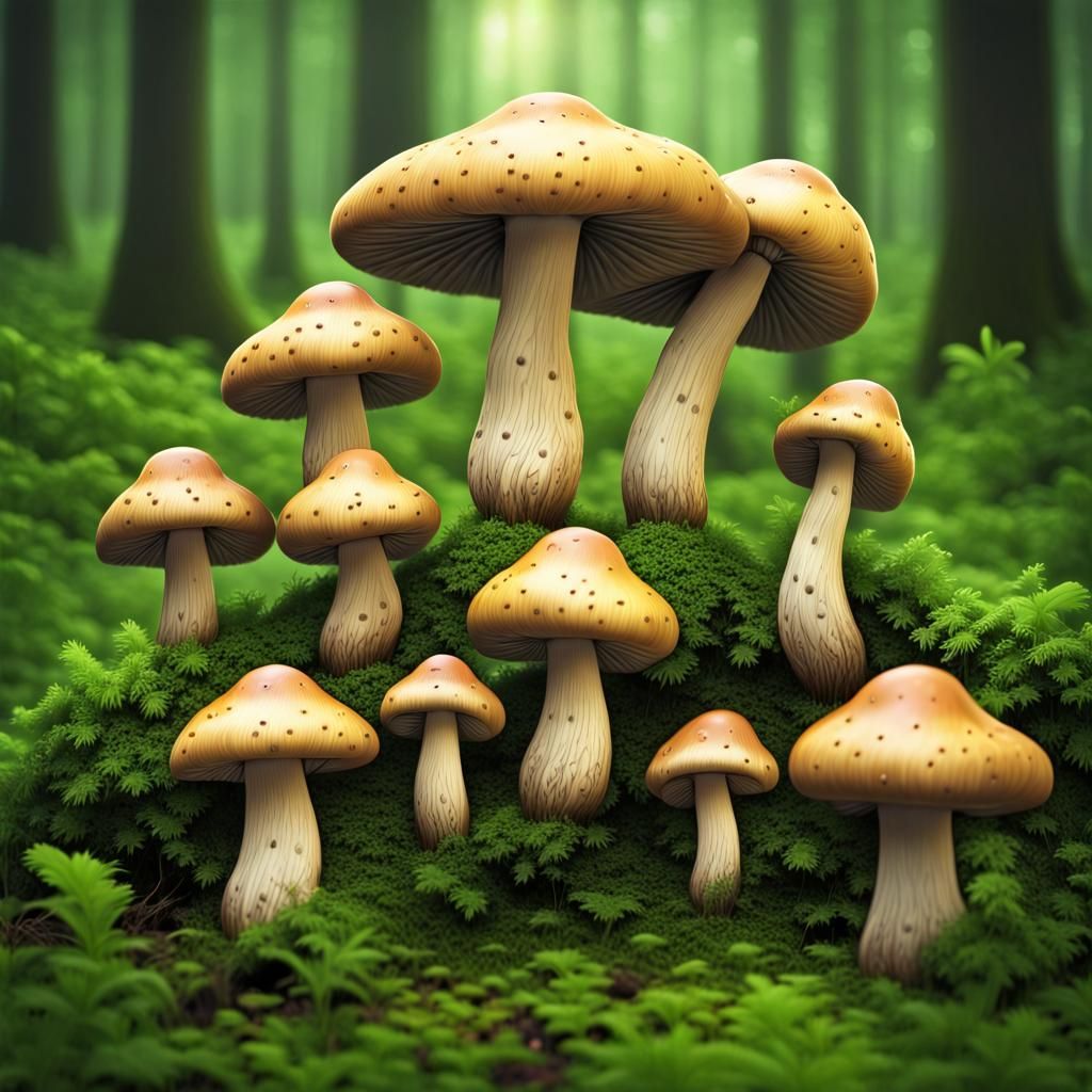 Cute Anthropomorphic Mushrooms in Lush Green Forest