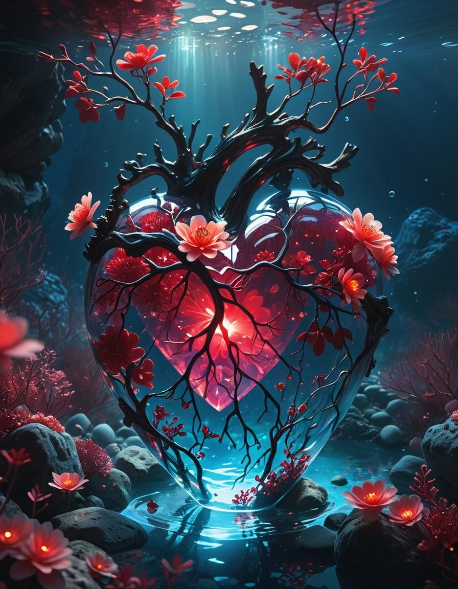 Glowing Ruby Heart in Underwater Fantasy Art