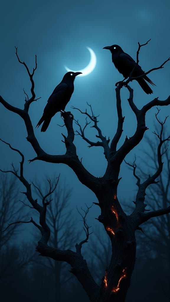Dark Gothic Scene with Skeletal Trees and Shadow