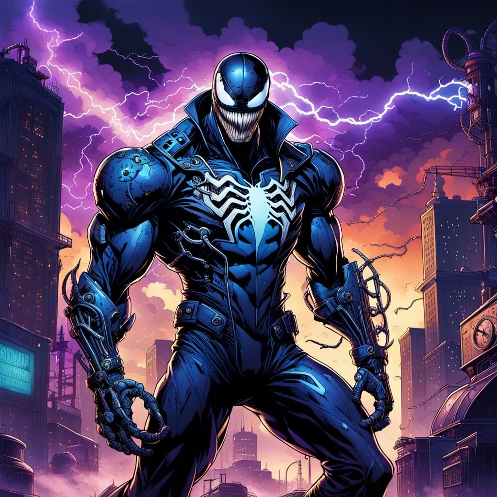 Steampunk Cyborg Symbiote in Comic-Book Style