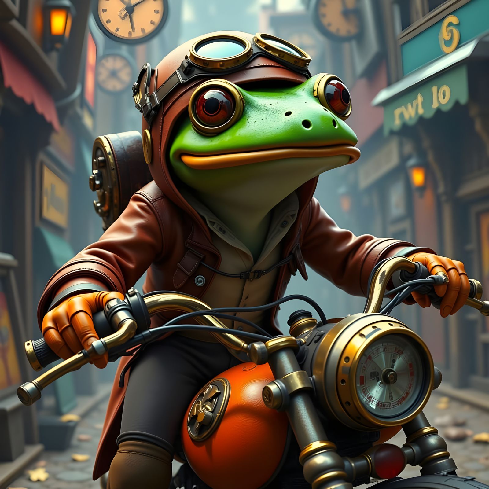 Steampunk Frog Aviator on Motorcycle