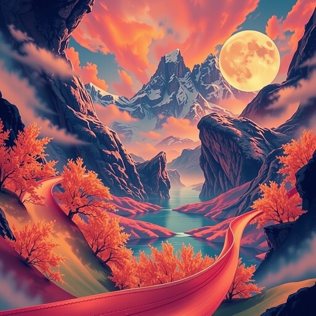 Vibrant Botanic Landscape with Gilded Trees and Azure Sky