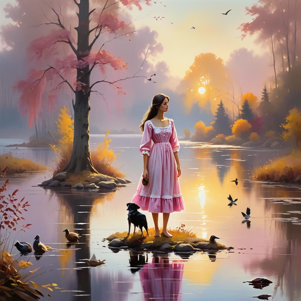 Dreamy Autumn Scene with Brunette Damsel and Whimsical Creat...