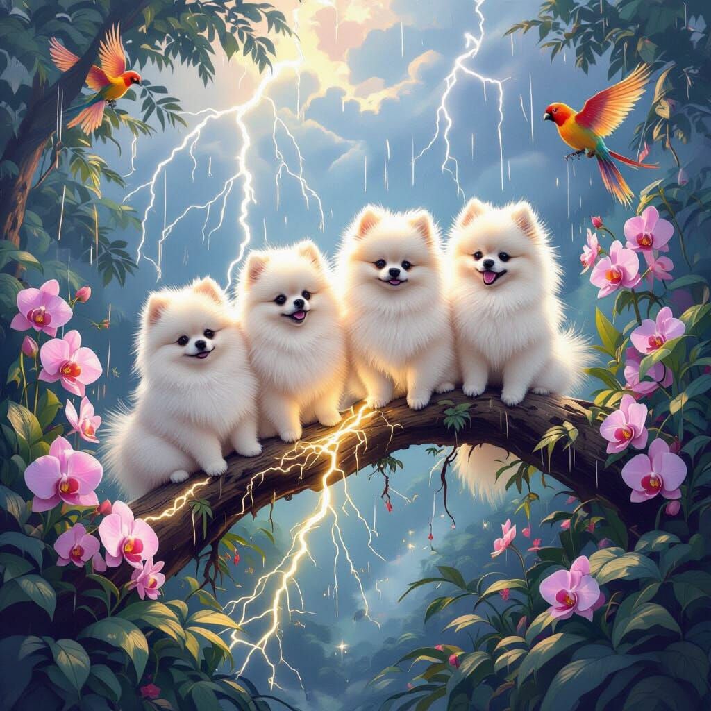 Pomeranians on Lightning Amidst Jungle Storm and Parrots