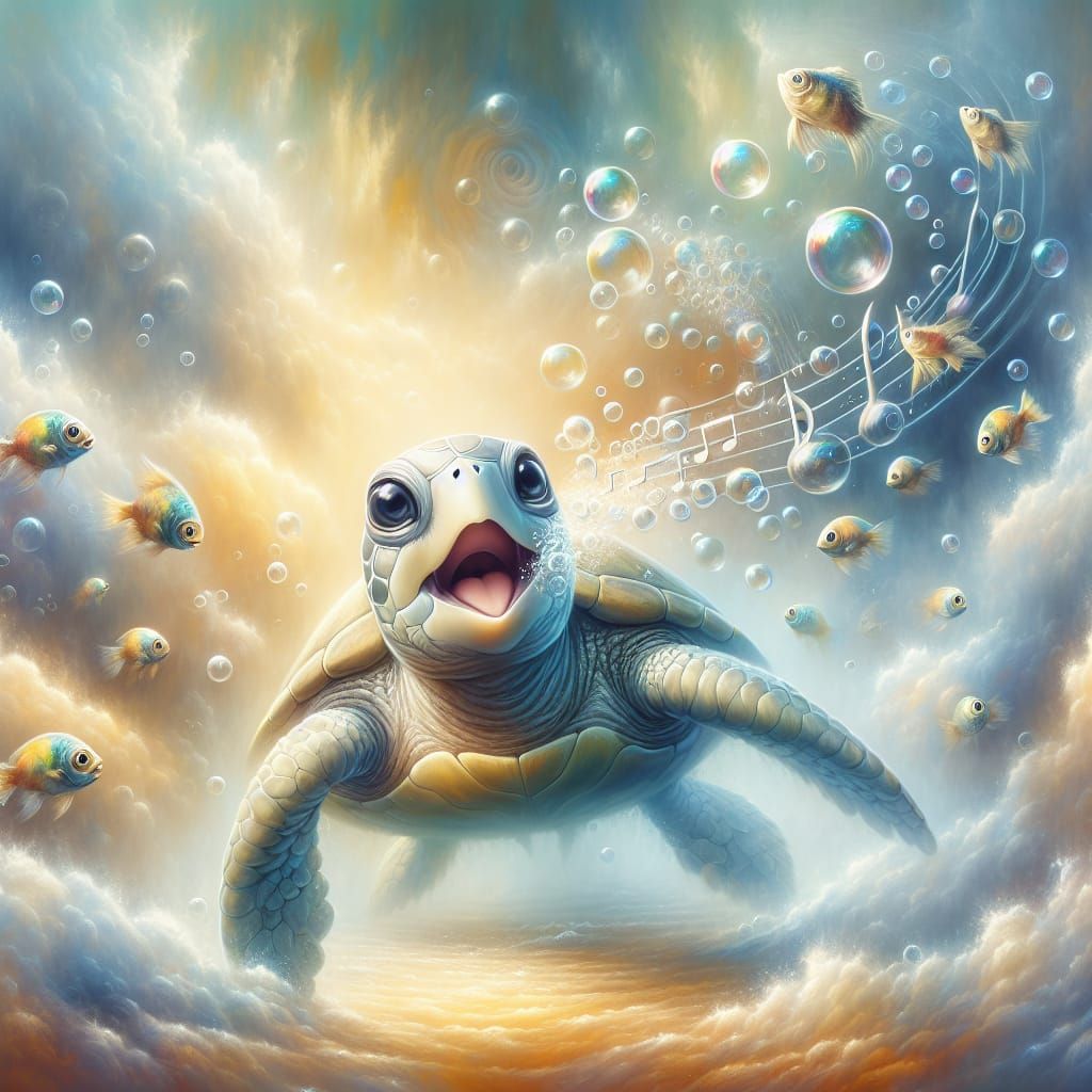 Singing Sea Turtle's Underwater Concert in Ethereal Mist