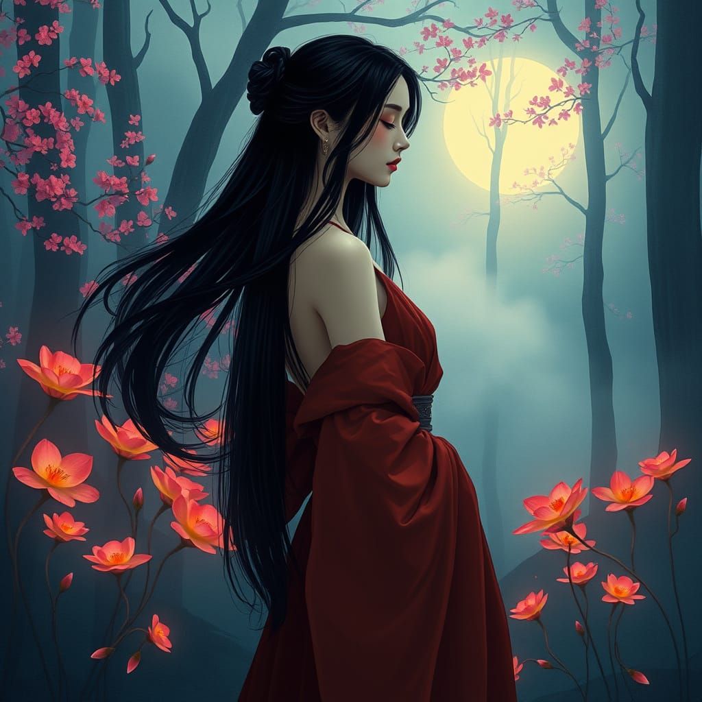 Dreamlike Goddess Surrounded by Blooming Cherry Blossoms