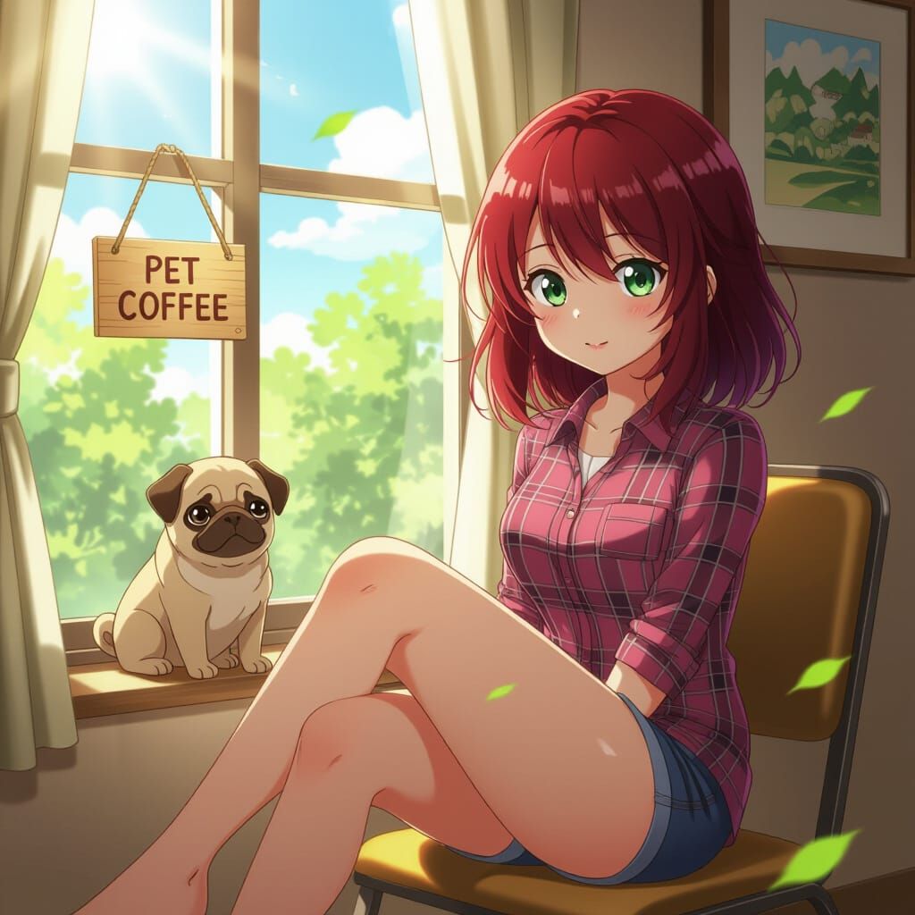 Anime Woman with Puppy in Vibrant Cel-Shaded Style