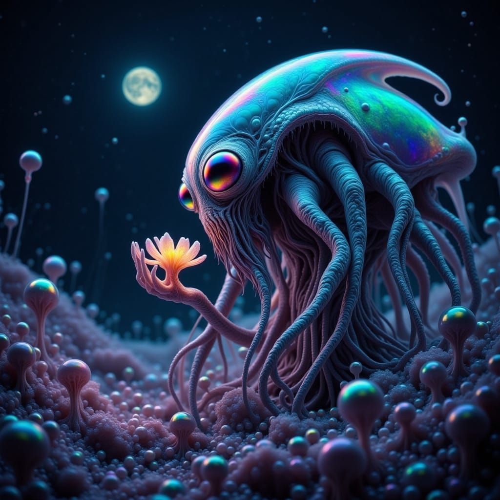 Bioluminescent Alien Inspects a Glowing Flower