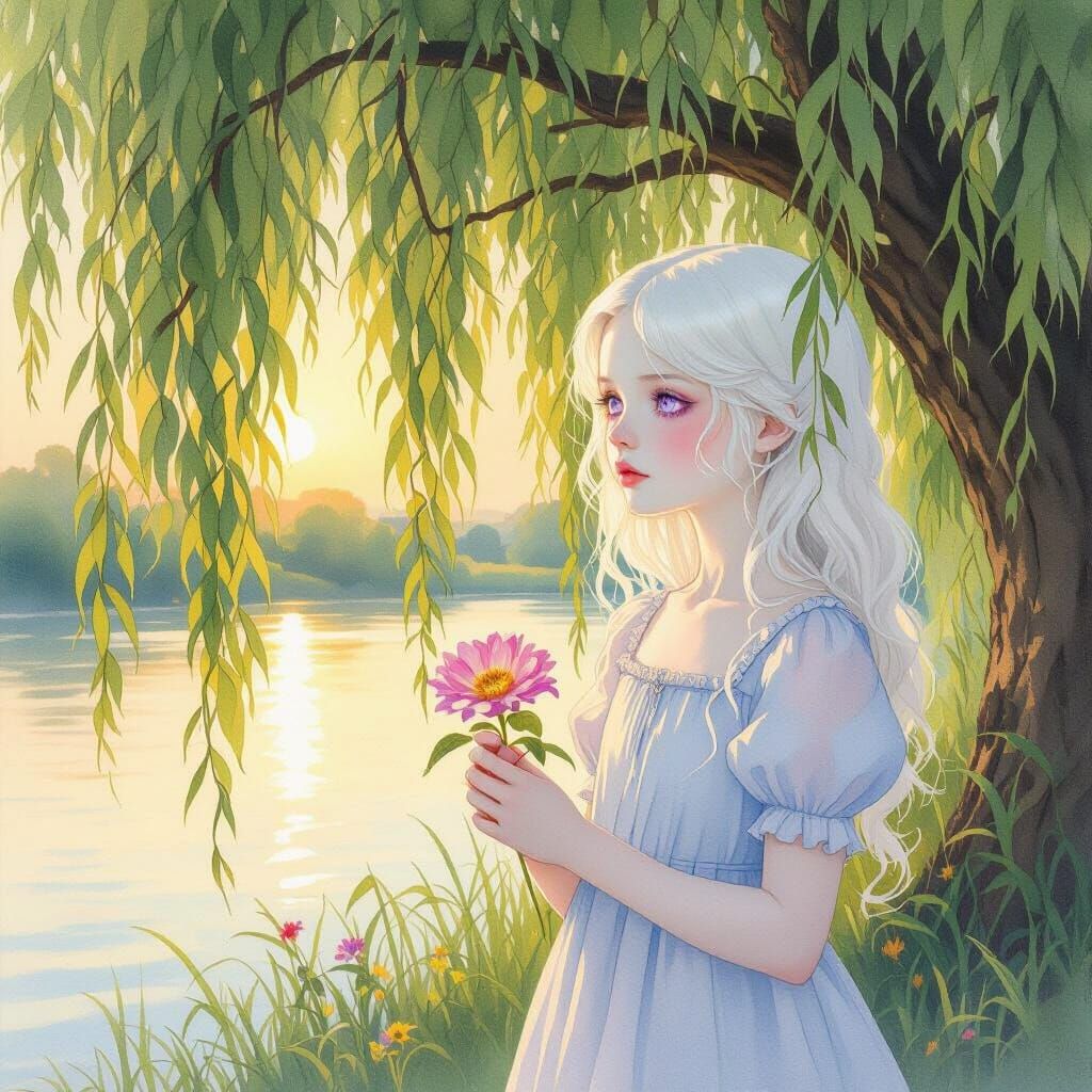 Albino Girl Gazes at Flower Under Willow Tree