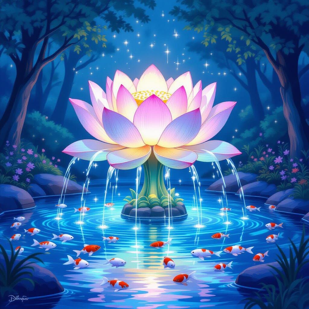 Bioluminescent Lotus Fountain in Enchanted Forest