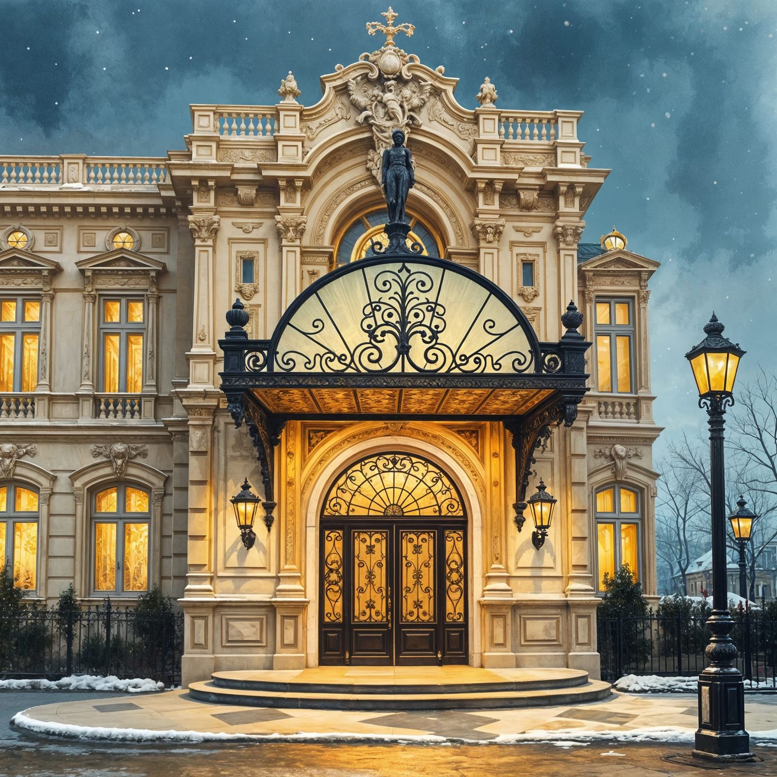 Elegant Belle Epoque Palace in Bucharest, Gouache Style