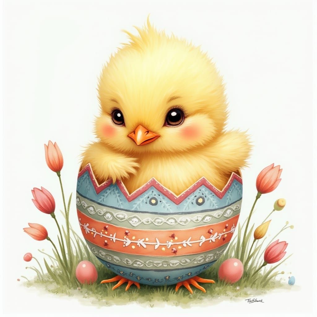 Chick Emerges from Easter Egg in Whimsical Watercolor Style