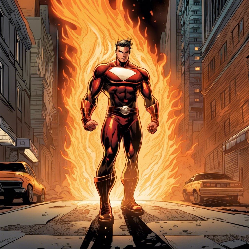 Fiery Superhero in Cityscape, Comic Book Art