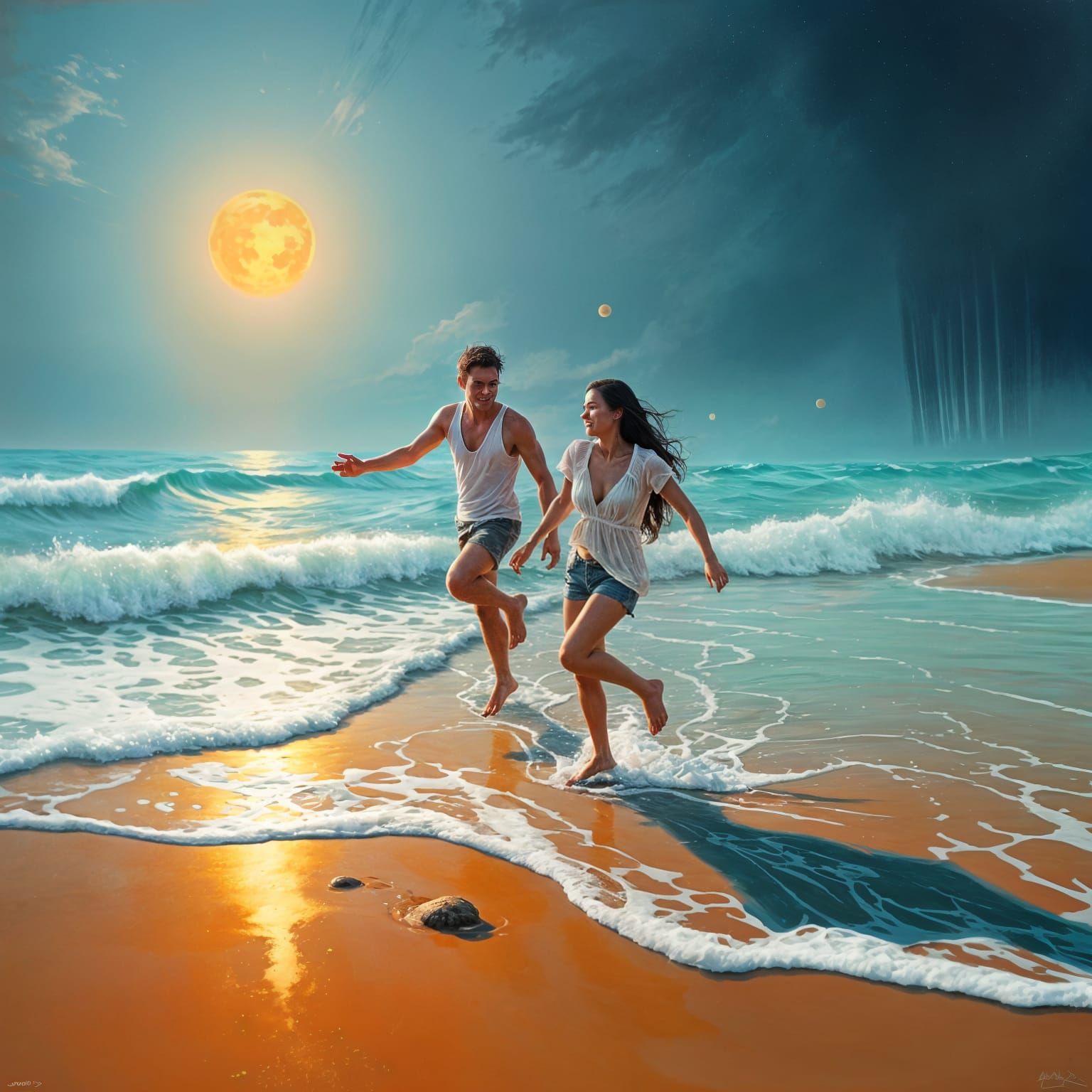 Couple Jumping Waves Under Orange Moon