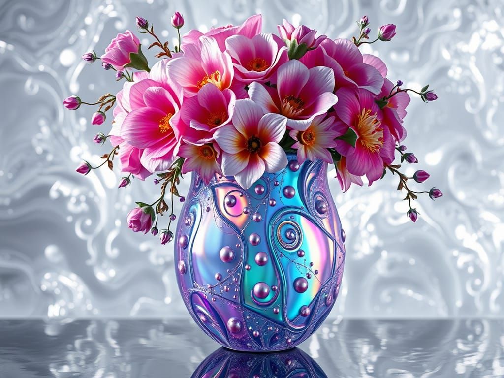 Surreal Glass Vase Blooms with Vibrant Flowers in Ethereal S...