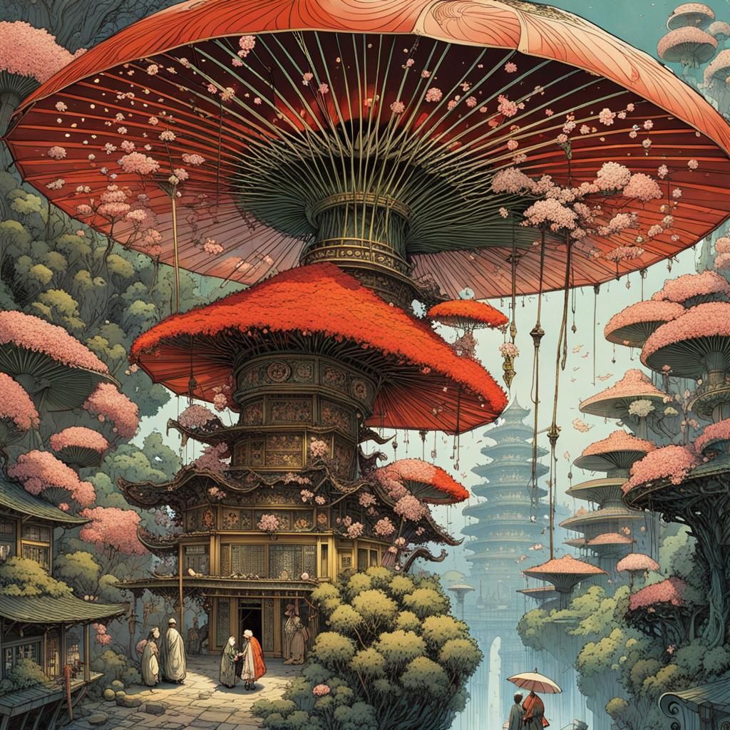 Mythical Mushroom Umbrella Over Faerie City