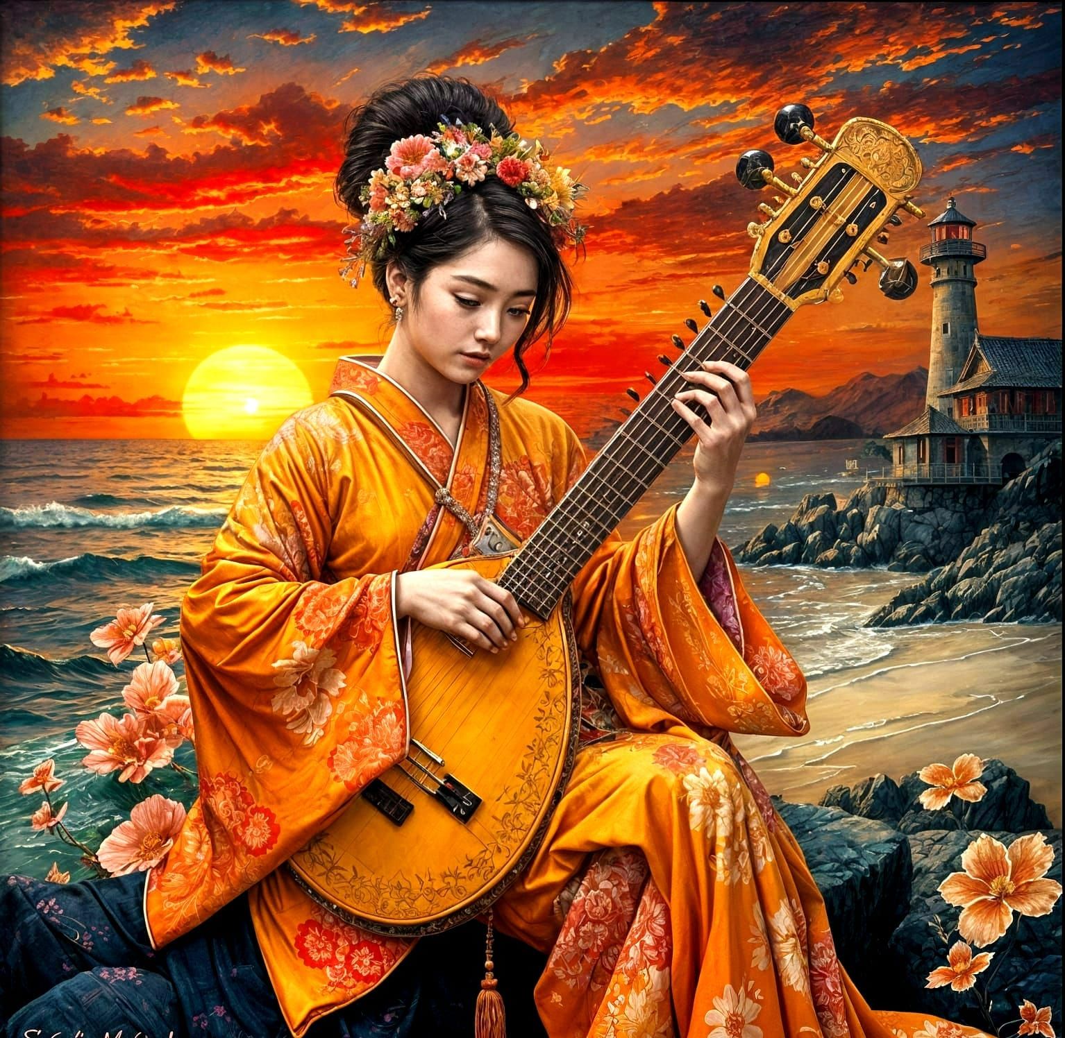 Majestic Japanese Princess in Sunset Fantasy