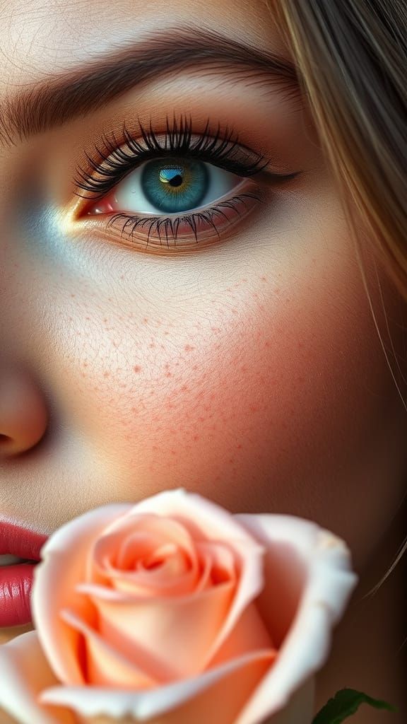 Close-Up Portrait of Woman with Freckles and Peach Rose