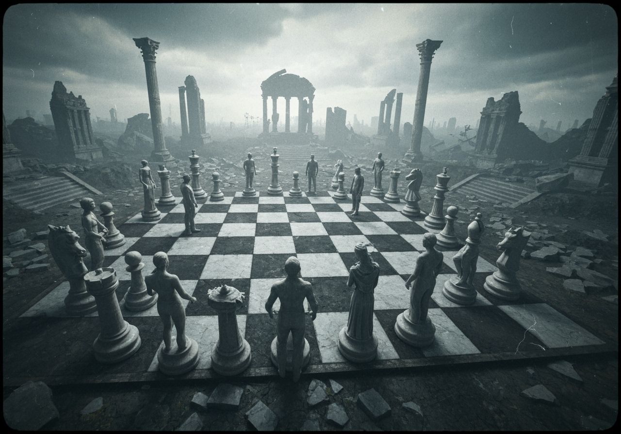 Dystopian Chess Game in Film Noir Style