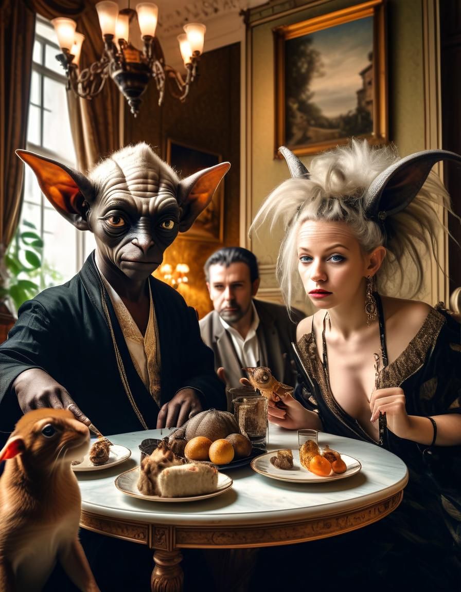 Exotic Pets and Human-Alien Party: Hyperrealistic Photograph...