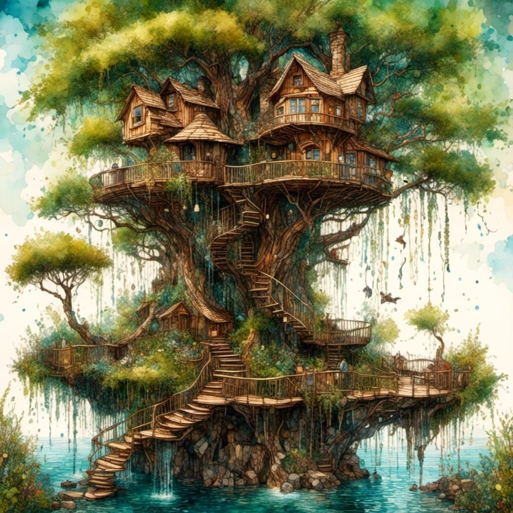 Fantasy Treehouse by a Waterfall