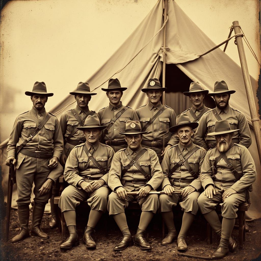 Union Army Soldiers Pose in Front of Faded Field Tent